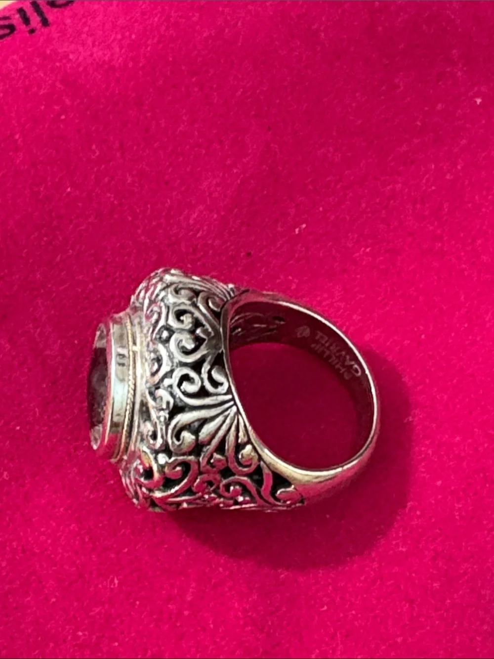 Phillip Gavriel Silver Filigree Ring with green Gemstone